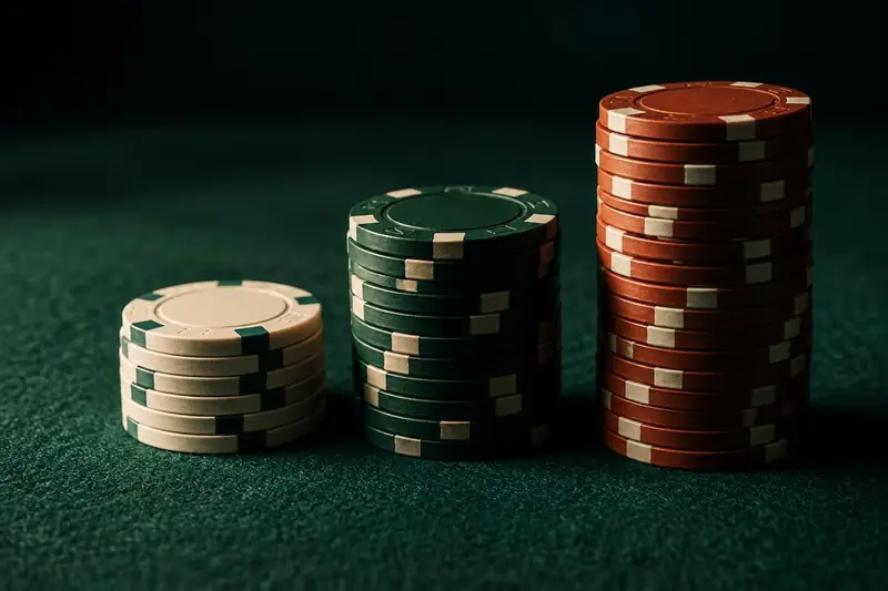 Tre stakke pokerchips i elfenben, grøn og rød på pokerfilt