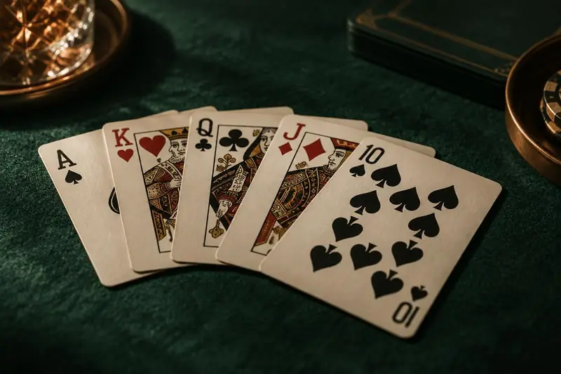 Fem spillekort lagt i vifte på grønt pokerfilt