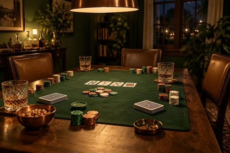Spisebord gjort klar til pokeraften med filtdug, chips og kort under varm lampe