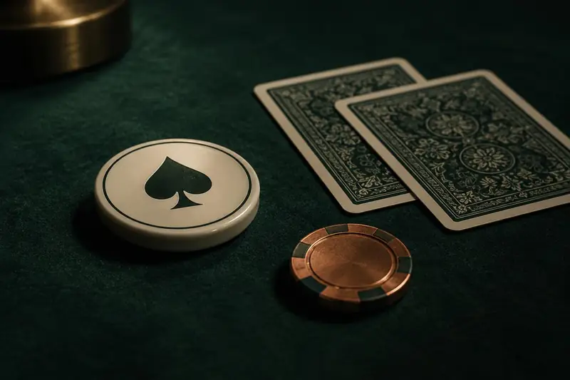Dealerknap, to kort med bagsiden opad og en kobberfarvet chip på pokerfilt